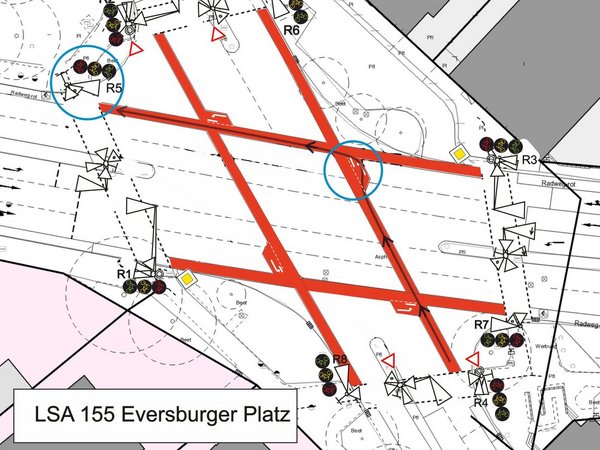 Der alte Zustand anhand der Kreuzung Eversburger Platz: So stellt sich das indirekte Linksabbiegen bislang dar.